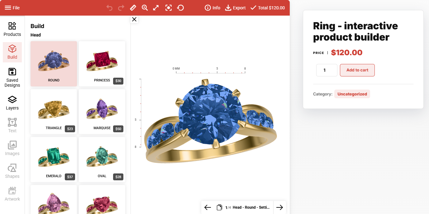 WooCommerce ring builder with interchangeable stone options, option prices and Add to cart