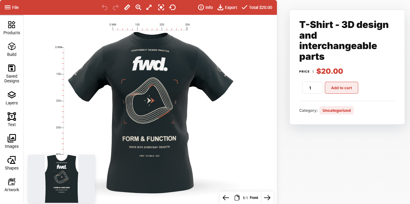WooCommerce T-shirt product with editable 3D artwork, a 2D preview and Add to cart