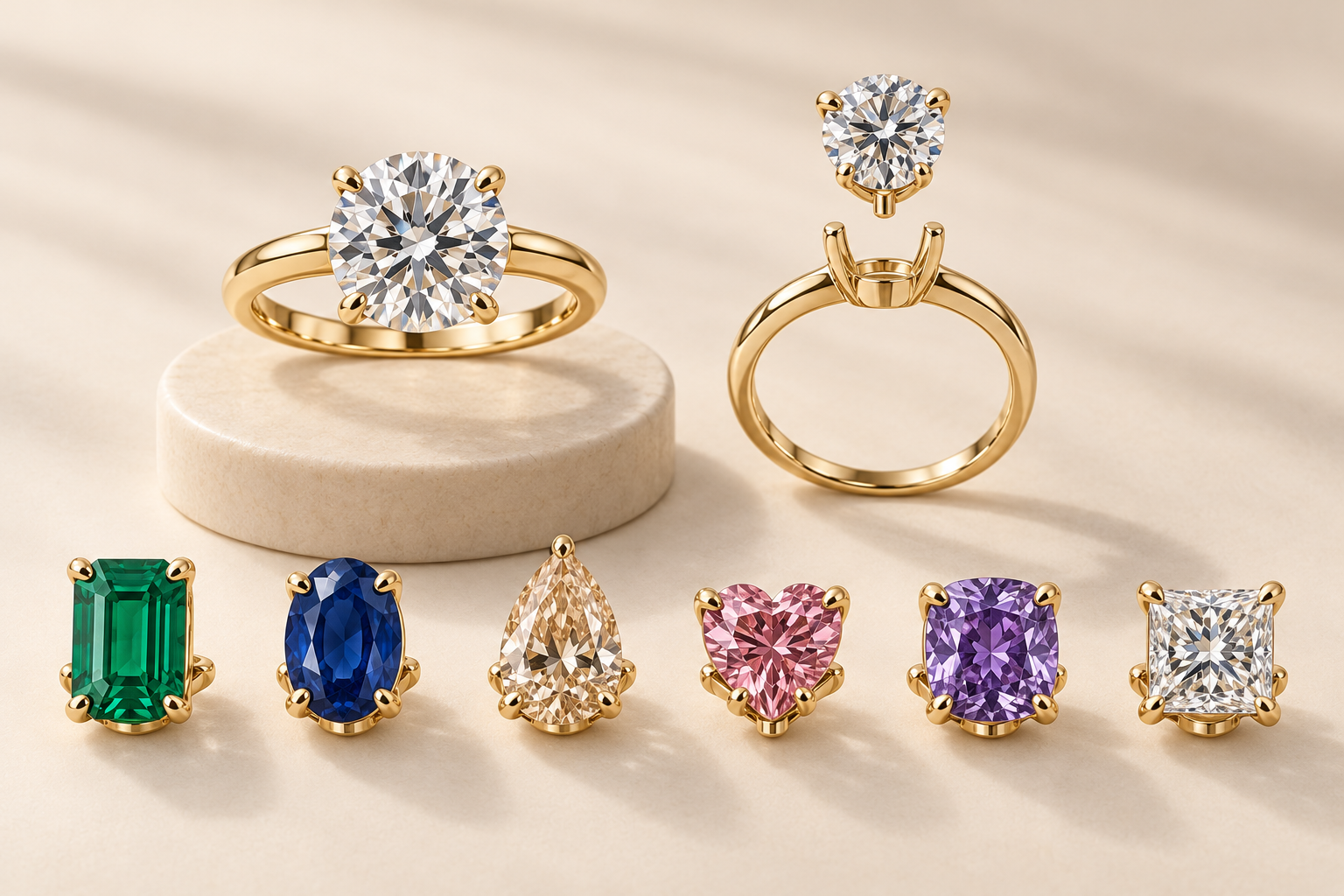 Ring builder with interchangeable gemstone shapes and matching gold settings