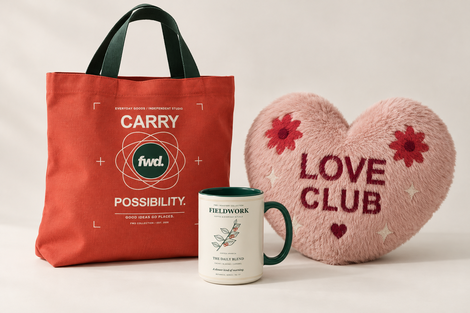 FWD tote bag, Fieldwork mug and Love Club heart pillow based on the included 3D products