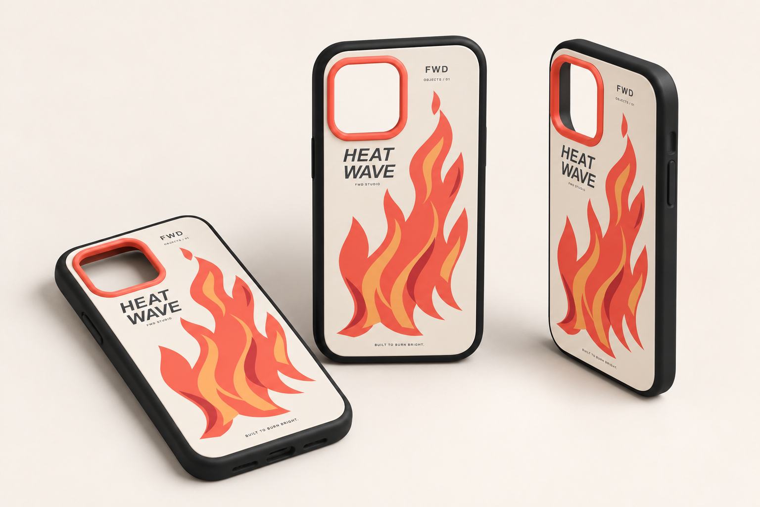 Three views of the included FWD Heat Wave 3D phone case design