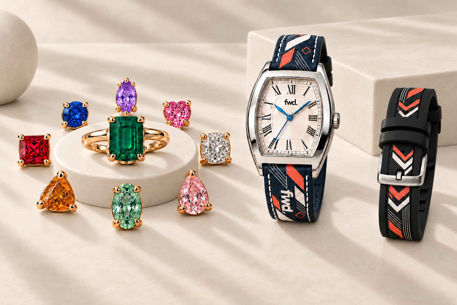 Illustration of a gold emerald ring surrounded by eight evenly spaced alternative gemstones around its circular stand beside an FWD watch with personalized straps