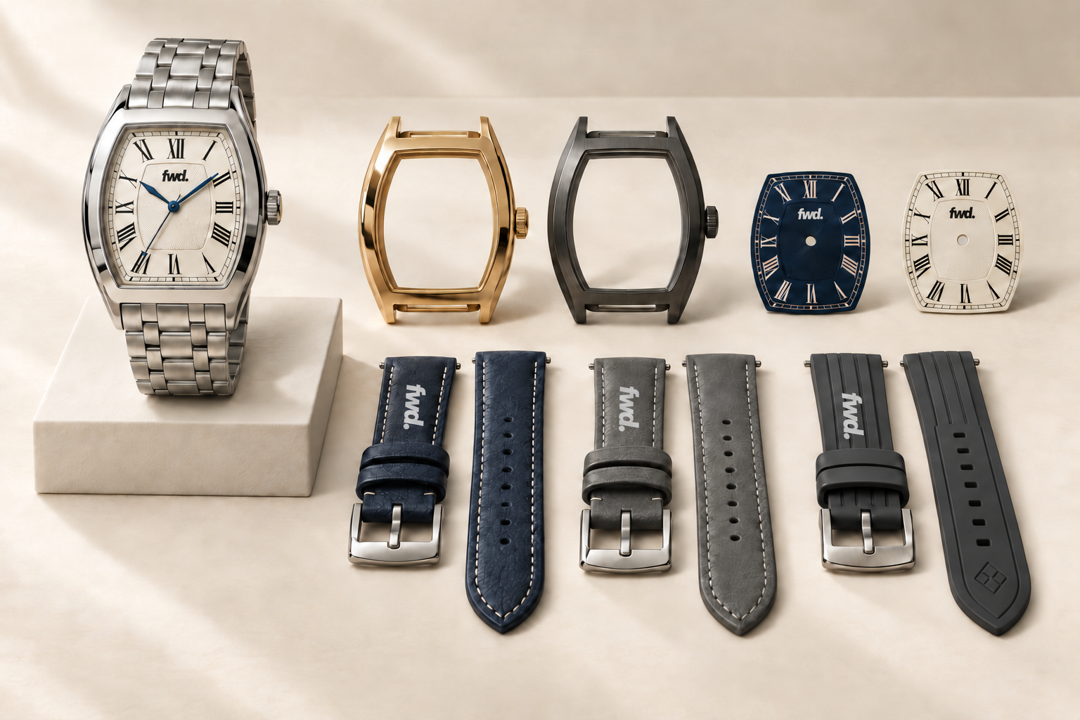 Watch builder with interchangeable cases, FWD-branded dials, leather straps and rubber straps